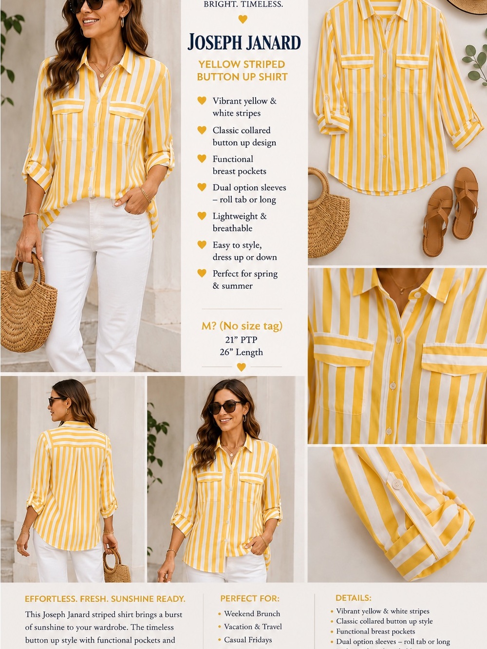 Yellow & White Striped Button-Up Shirt M